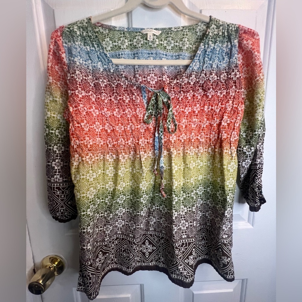 Maurices Red and Green Tie Front Blouse